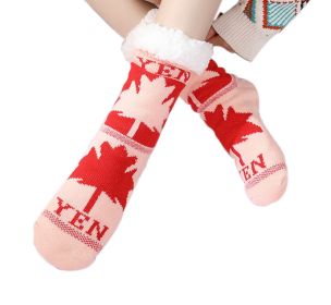 Womens Light Orange Maple Leaf Thick Warm Fuzzy Cozy Slipper Socks for Womens Winter Warm